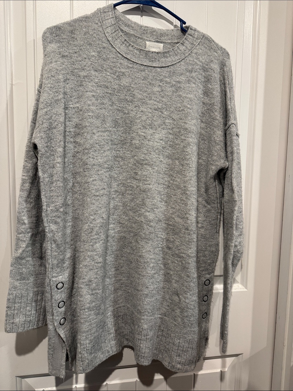 Caslon Light Gray Crewneck Sweater with Side Button Detail